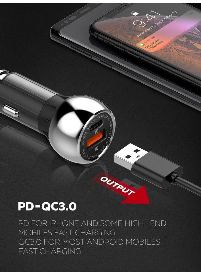 C1 36W Super Fast Car Charger with Lightning Cable, USB-C PD & QC4+ Dual Port Car Charger, Zinc Alloy Fast Charging Car