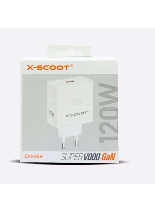 شاحن حائط X-SCOOT بتقنية GaN سريع 120W بمنفذ USB موديل CH-259 أبيض