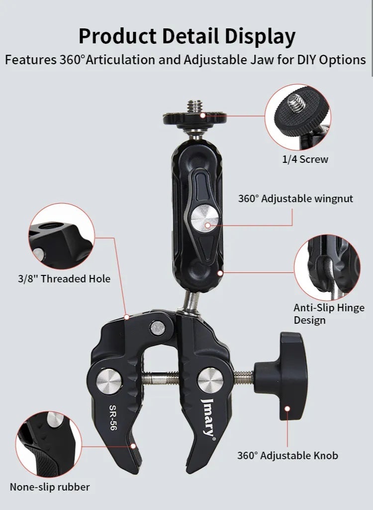 Super Clamp SR-56C Multi-Purpose Camera Mount, 60mm Opening, 1/4″ Screw for DSLR, Lights, Microphone, Action Cam Compati