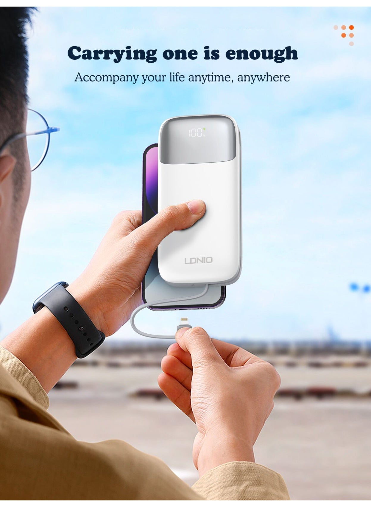 PQ20 20000mAh Fast Charging Power Bank with Built-In Charging Cables, 22.5W USB-C PD Output, 18W USB-C Fast Input, LED D