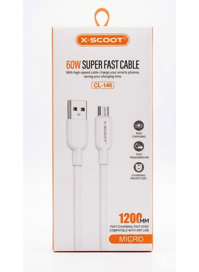 كابل شحن X-SCOOT سريع 60W من USB إلى Micro بطول 1.2 متر موديل CL-146 أبيض