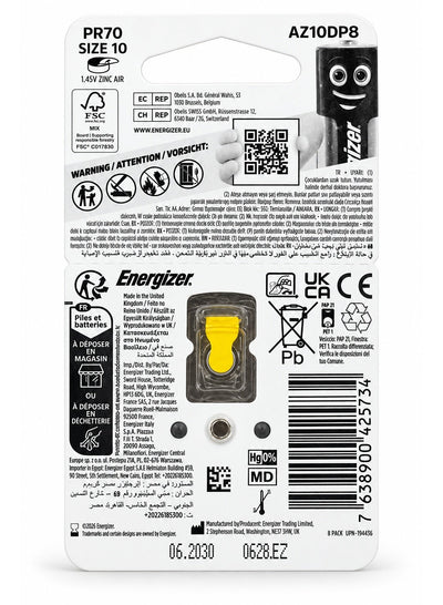 AZ10DP8 Size 10 / PR70 Zinc Air Hearing Aid Batteries, 1.45V, 8-Pack, Mercury-Free 0% Hg, Long-Lasting Reliable Power fo