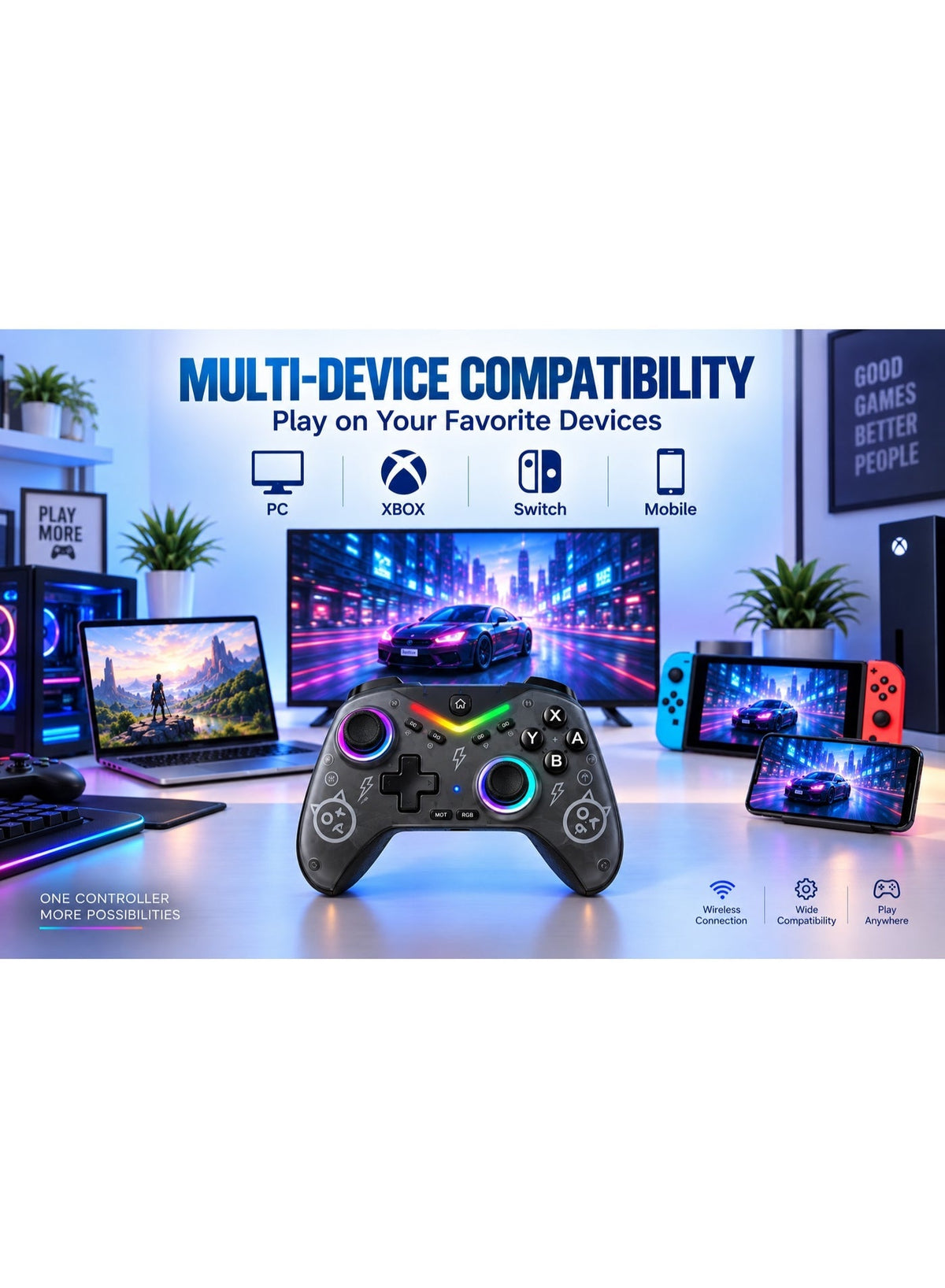 CM-619 Wireless Gaming Controller – Dual Analog Joysticks, RGB Lighting, Dual-Motor Vibration, 6-Axis Gyro Motion Sensin