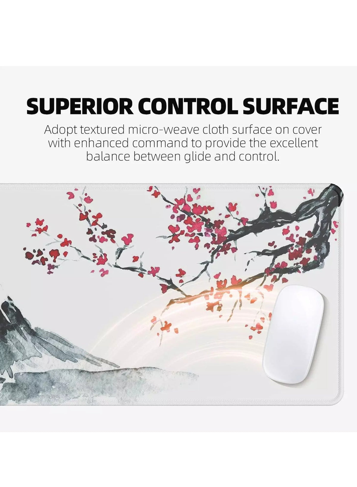 Japanese Cherry Blossom Design White Mouse Pad, Large Extended Mouse Pad for Office with Stitched Edges and Non-Slip Rub