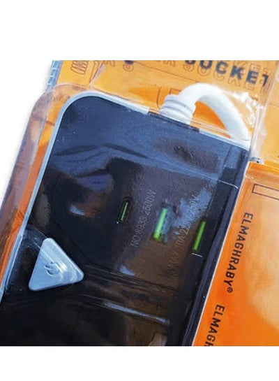 مشترك كهرباء المغربي 3 منافذ 2500W بمنافذ 2USB وType-C موديل 8933 أسود
