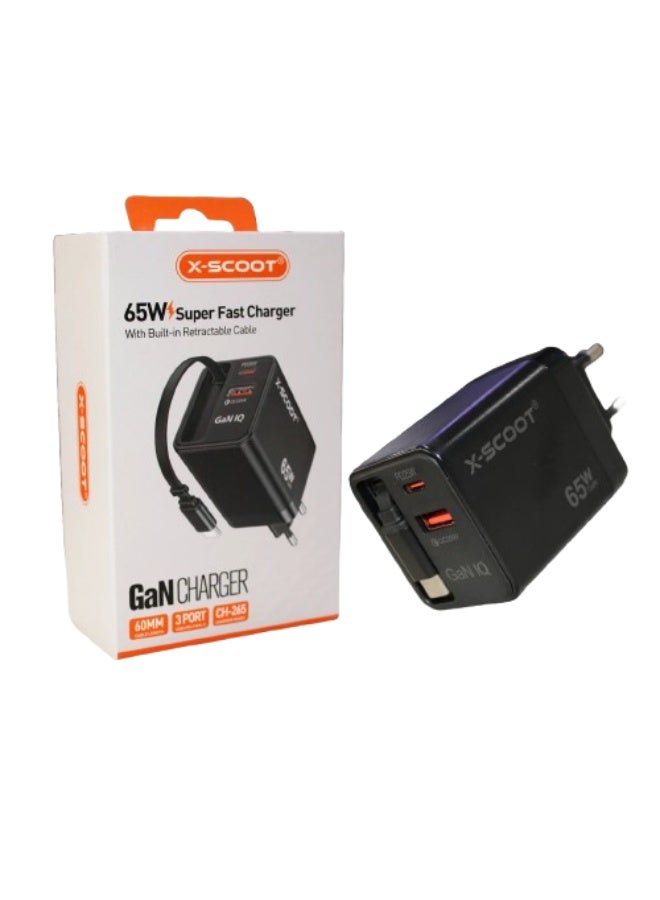 65W GaN Fast Charger with Built-in Retractable Cable, Multi-Port USB-C PD & USB-A QC Charging Adapter, High-Speed Power