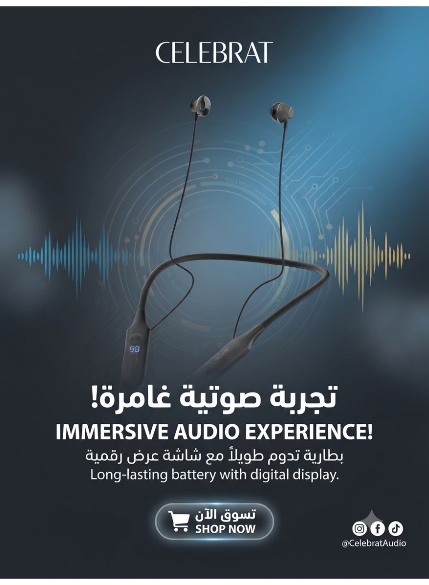 ST-A64 Wireless Neckband Earphones, Bluetooth Sports Headphones with HD Stereo Bass Sound, LED Battery Display, Magnetic