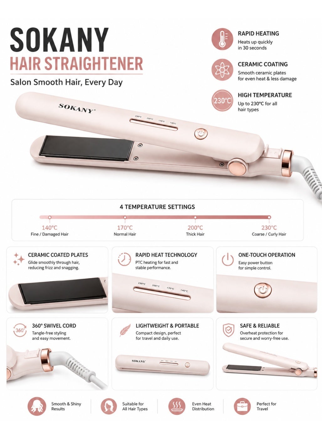 SK-1925 Hair Straightener – PTC Fast Heating, Adjustable Temperature up to 320°F, Anti-Scalding Design, 360° Swivel Cord