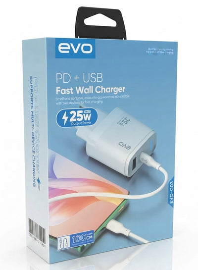 EVO-C03 25W Fast Wall Charger with USB-C Power Delivery and USB Port, Dual Port Quick Charging Adapter, Smart Chip Techn