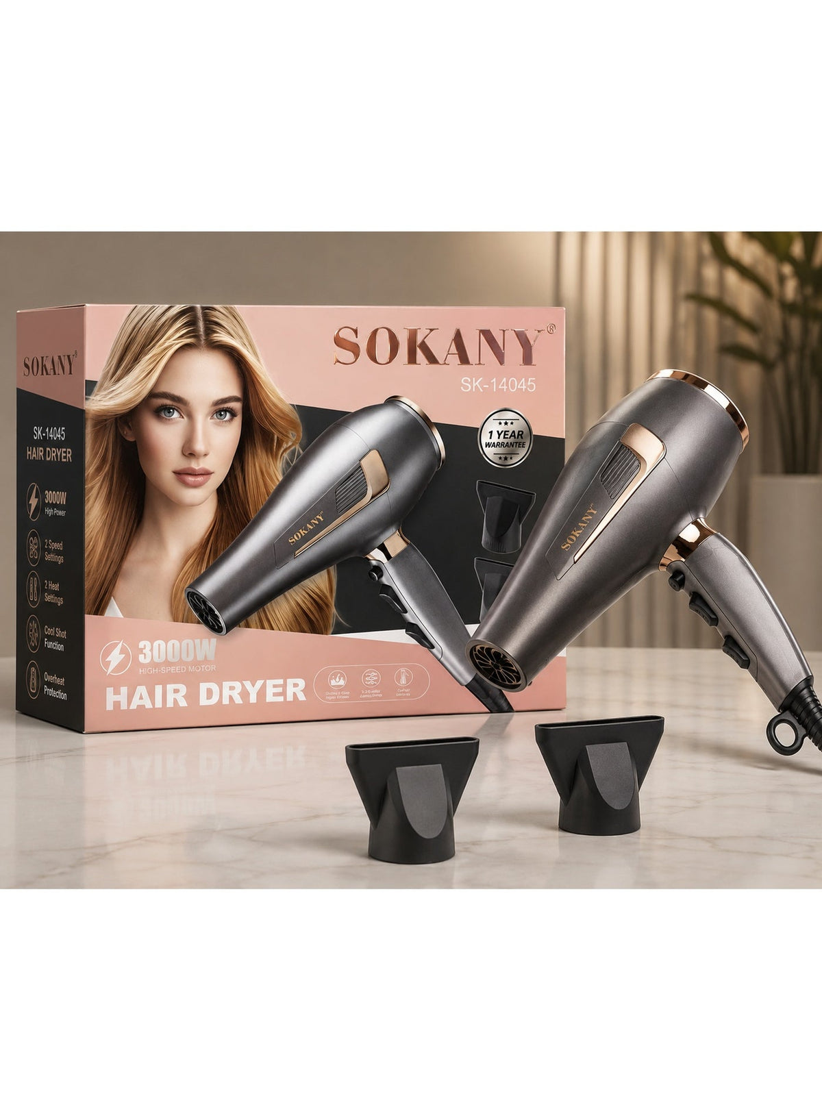 SK-14045 Professional Ionic Hair Dryer 3000W, Overheat Protection & 2 Styling Attachments, Fast Drying, 2 Speeds & 2 Hea