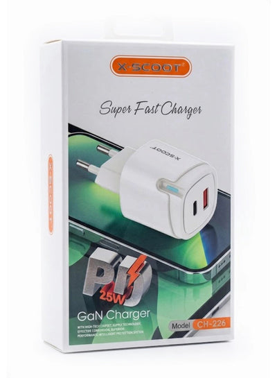 شاحن حائط X-SCOOT بتقنية GaN سريع 25W منافذ PD وUSB موديل CH-228 أبيض