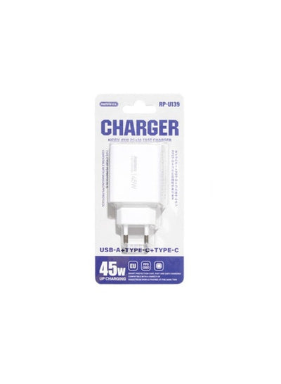 شاحن REMAX RP-U139 3 في 1 قوة 45W منفذ USB وType-C أبيض