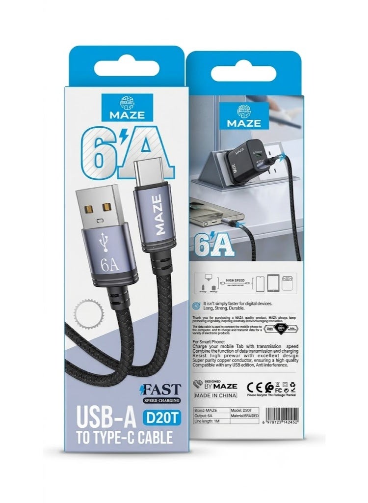 كابل MAZE D20T شحن سريع Type-C USB قوة 6A يدعم QC 3.0 أسود