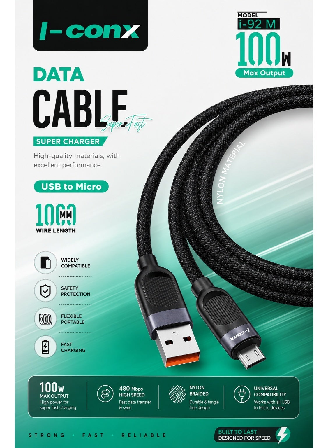 كابل شحن I-conx i92m قوة 100W طول 1m منفذ Micro USB نايلون مضفر أسود