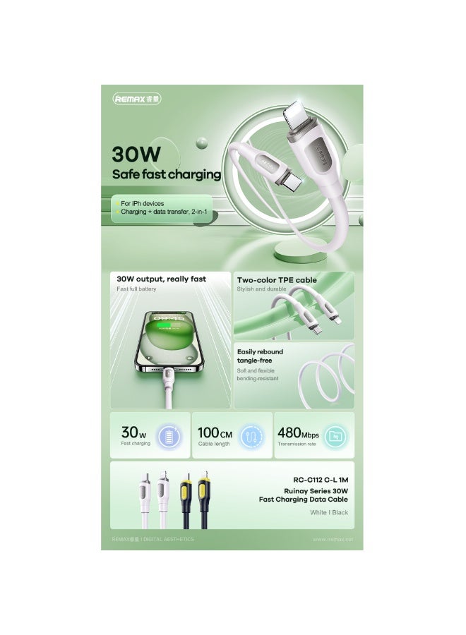 2 in 1 Fast Data Transfer and Charging Ruin Series 30W , RC-C112 Fast Charging Type-C to Lightning Cable , 1M Durable ,