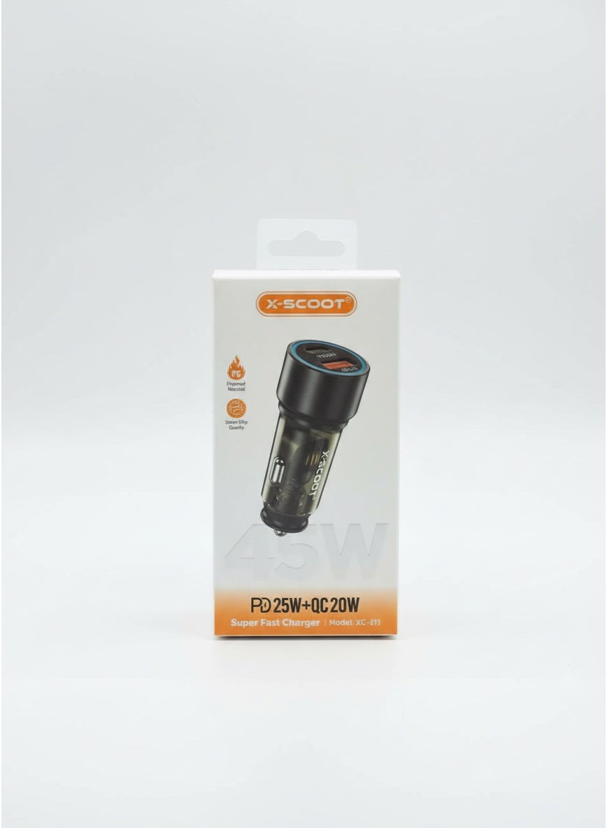 45W Super Fast Car Charger PD 25W + QC 20W Dual Port, Compact USB-C & USB-A Adapter – Model XC-311