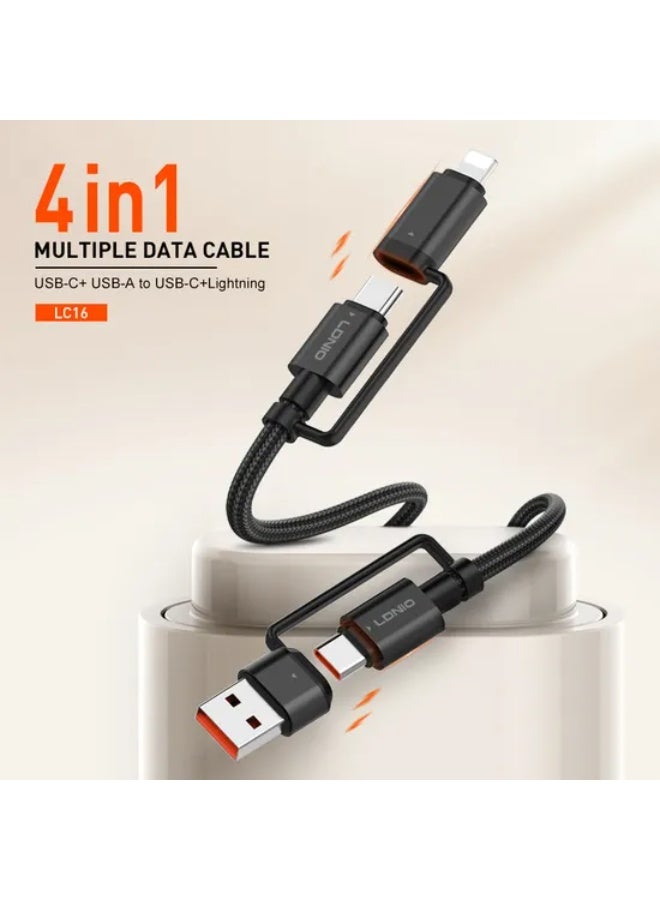 65W 4-In-1 Fast Charging Data Cable With USB-A And USB-C Inputs Lightning And USB-C Outputs High-Speed Data Transfer Bra