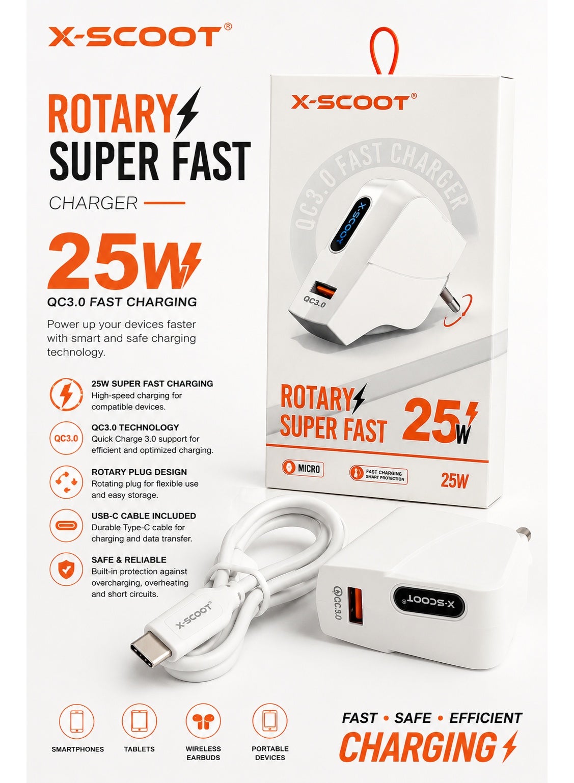 شاحن حائط X-SCOOT سريع 25W مع كابل Type-C وتقنية QC 3.0 موديل CH-239 أبيض
