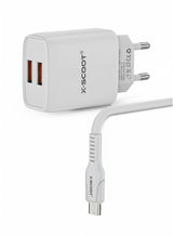 شاحن حائط X-SCOOT CH-236 منفذين USB بقوة 2.1A مع كابل Micro USB – أبيض