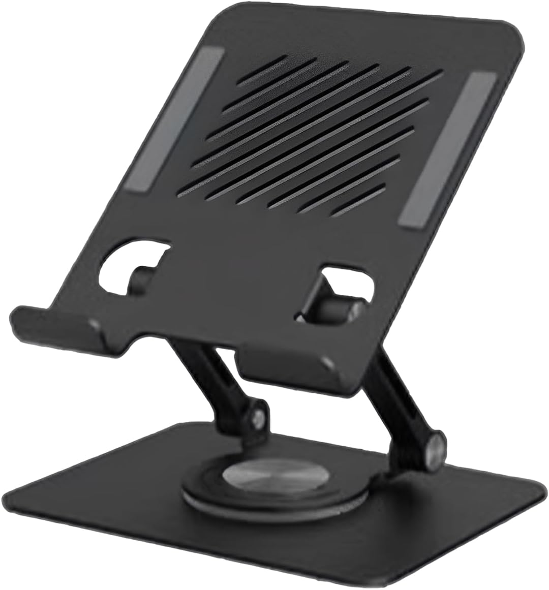 High-quality metal iPad stand with a stable base and adjustable design - 360° rotation and flexible height - Durable material supports all tablets for a comfortable and safe user experience in the office or home