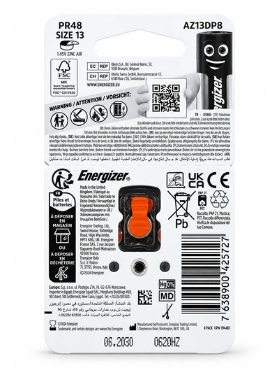 Model AZ13DP8 13 / PR48 Zinc Air Hearing Aid Batteries – 1.45V, 8-Pack, 0% Mercury, Long-Lasting Reliable Power