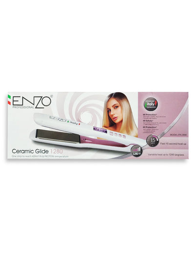 ENZO Professional hair straightener , salon temperature reaches 1280 degrees Fahrenheit to suit thick hair EN-3990 White