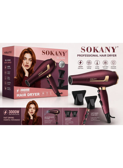 SK-14046 Professional Ionic Hair Dryer 3000W, Overheat Protection & 2 Styling Attachments, Fast Drying, 2 Speeds & 2 Hea