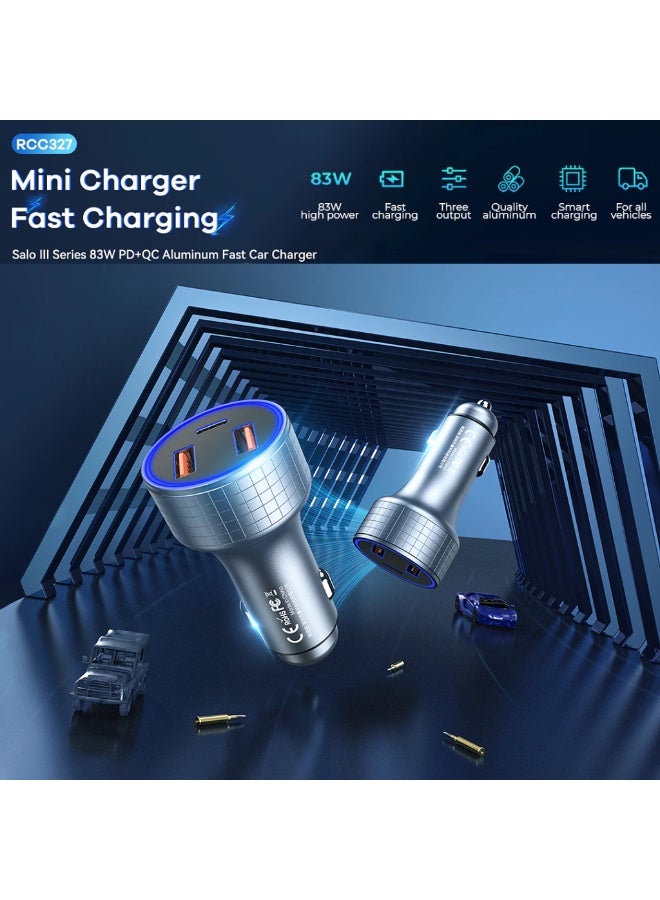 83W Fast Car Charger , RCC327 Salo III Series , PD 65W + QC 18W, Triple Output ( 2 USB + Type-C), Aluminum Alloy Mini Ch