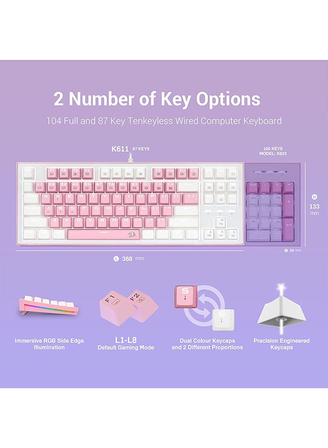 Redragon K611 Dual Color Keys Mechanical Gaming Keyboard Single White LED + RGB Side Edge Backlit 87 Key Tenkeyless Wire