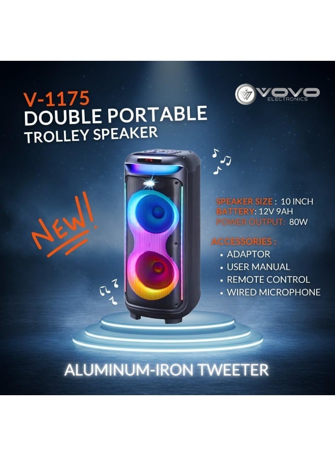 V-1175 Double 10-Inch Bluetooth Party Speaker, Powerful Bass, Dynamic LED Lights, Karaoke Speaker with Dual Microphone &