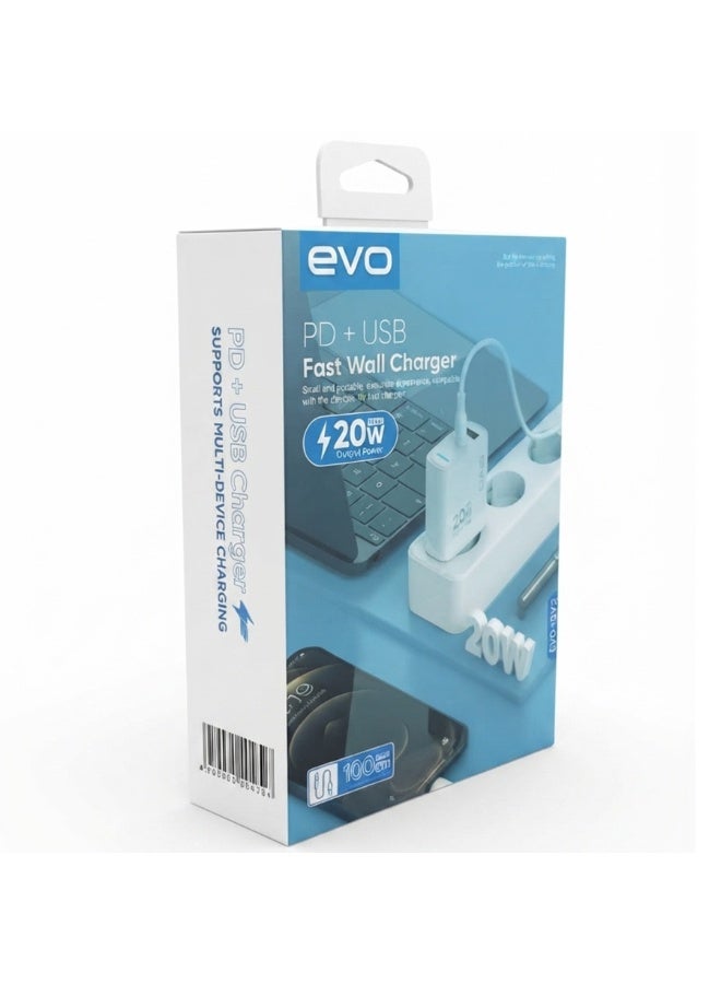 EVO-C02 20W Fast Wall Charger with USB-C Power Delivery and USB Port, Type-C to Lightning Cable Included, Dual Port Quic