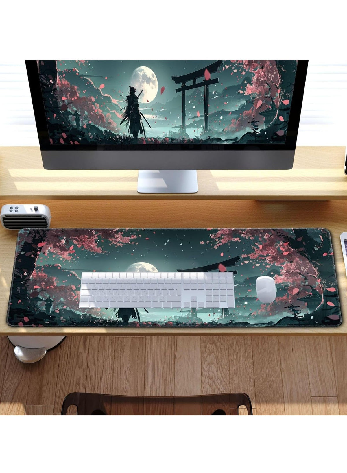 Japanese Full Moon Mouse Pad Desk Pad Samurai Desk Decor Mat, Large Gaming Mouse Pad for Desk Computer Keyboard Laptop,