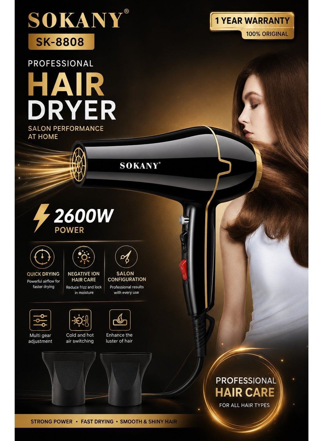 SK-8808 Professional Ionic Hair Dryer 2600W & 2 Styling Attachments, Fast Drying, 2 Speeds & 2 Heat Settings, Hot & Col