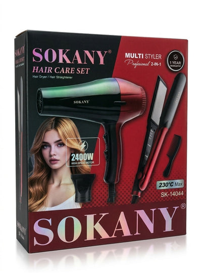 مجموعة تصفيف الشعر Sokany سشوار 2400W ومكواة 230°C موديل SK-14044 أحمر وأسود