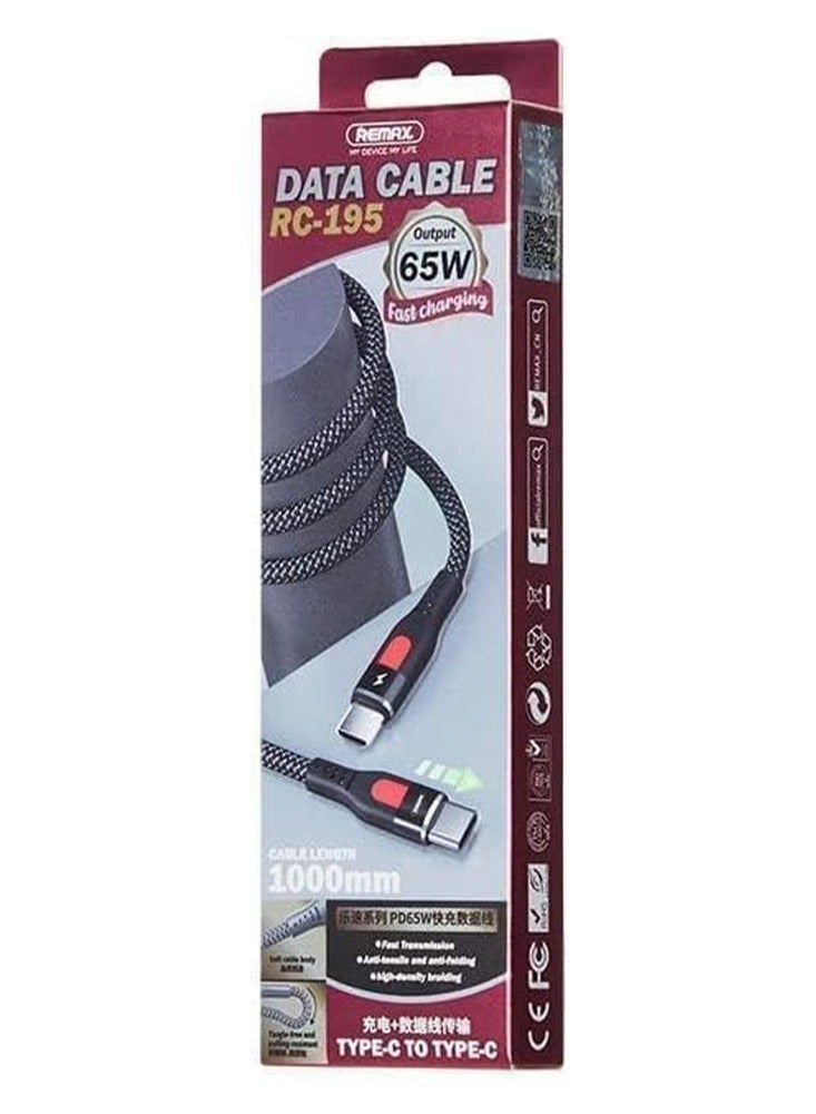 RC-195 Tangle Free Fast Charging Data Cable 1000mm 65W Type C to C - Black