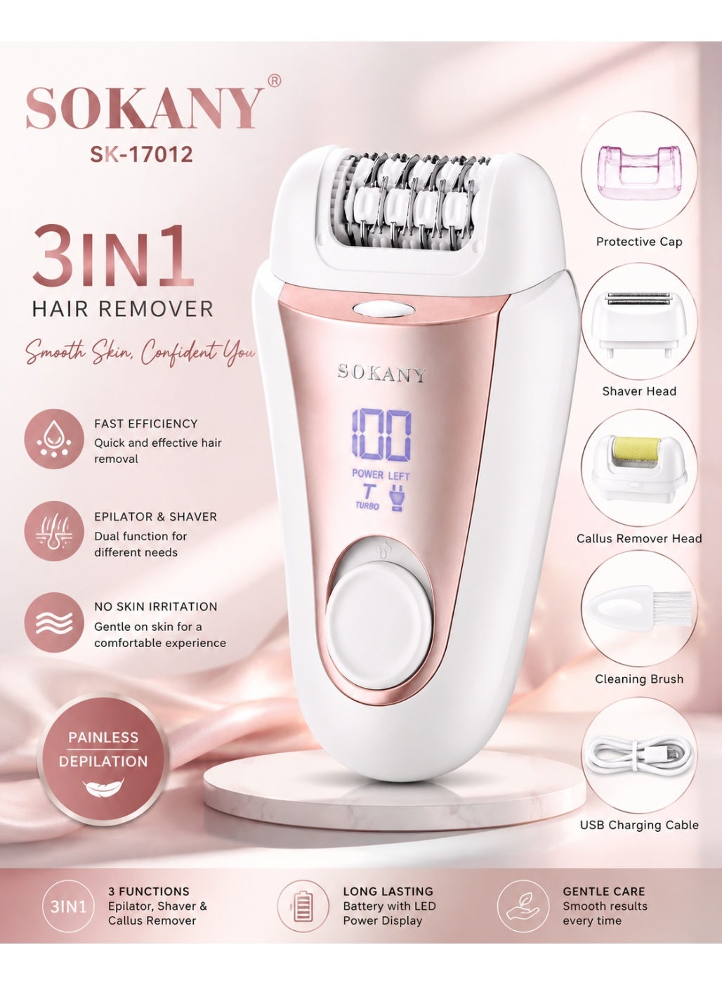 SK-17012 3-in-1 Women’s Epilator Hair Remover, Rechargeable Electric Hair Removal Machine with Multiple Attachments, Dig