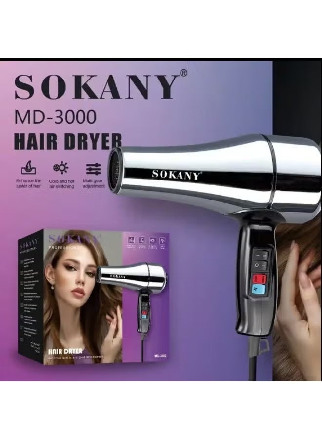 سشوار شعر Sokany احترافي هيكل ستانلس ستيل 2400W موديل MD3000 فضي