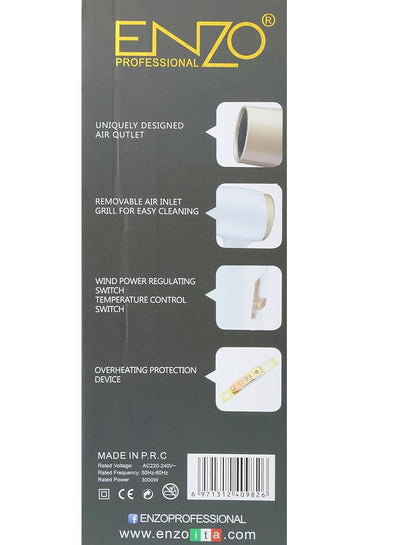 ENZO Professional Hair Dryer - 3000 Watts, Smooth Even Airflow, Removable Air Inlet Grill, Wind Power Regulating Switch, Temperature Control Switch, Overheating Protection Device EN-6622