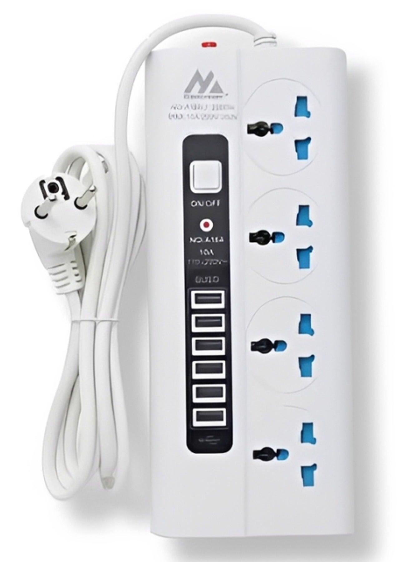 مشترك كهرباء المغربي 4 منافذ 2500W بـ 6 منافذ USB موديل A164 أبيض وأسود