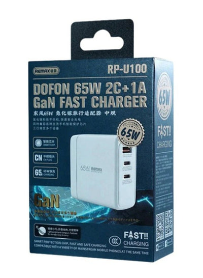Fast charger, model RP-U100, DOFON series 65W 2C+1A GAN (white) 3 ports , smart protection chip, fast and safe charging