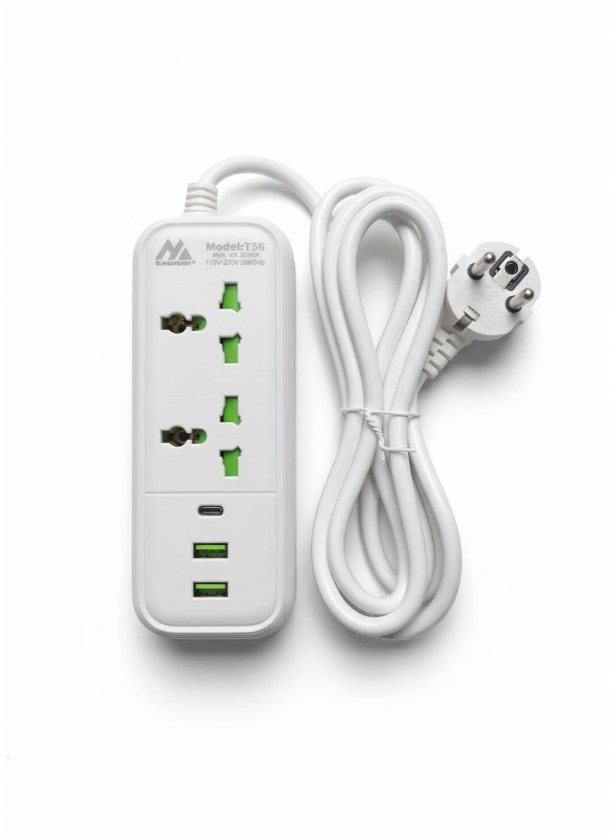 مشترك كهرباء المغربي 2 منفذ 2500W بـ 2USB وType-C موديل T56 أبيض