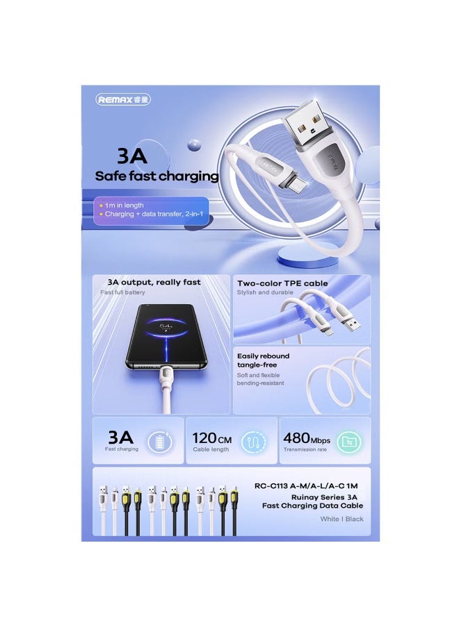 RC-C113 Ruinay Series USB to Micro Charging Data Cable, 1M, USB C, 3A Fast Charging, White