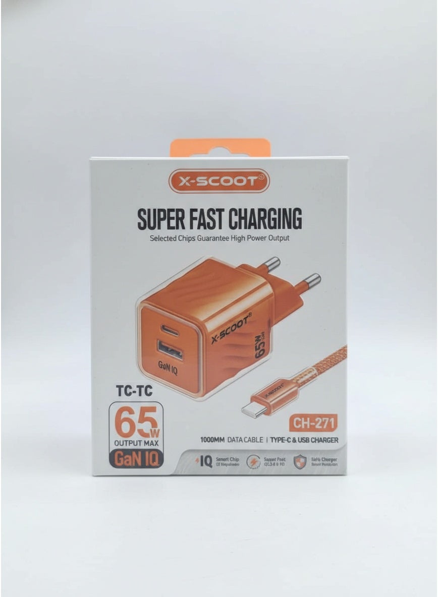 CH-271 65W Super Fast Mobile Wall Charger with Type-C to Type-C Data Cable , High Speed Charging Adapter for Phone and S