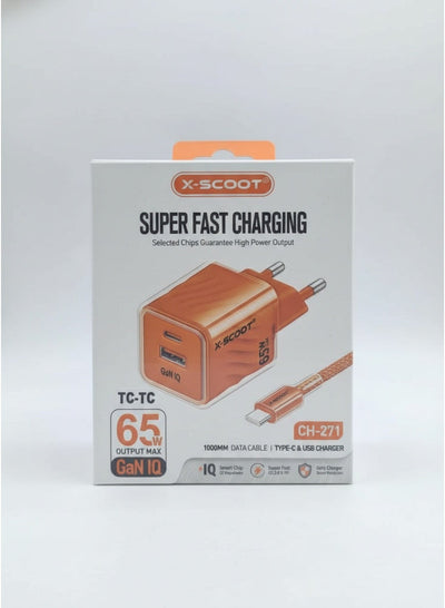 CH-271 65W Super Fast Mobile Wall Charger with Type-C to Type-C Data Cable , High Speed Charging Adapter for Phone and S