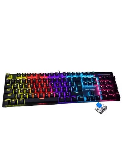 Utopia Mechanical luminous gaming keyboard , K-880 rainbow colorful light effect , mechanical shaft 50 million key life , blue switch , 9 mode running light , ergonomic streamline design , USB Cable - black