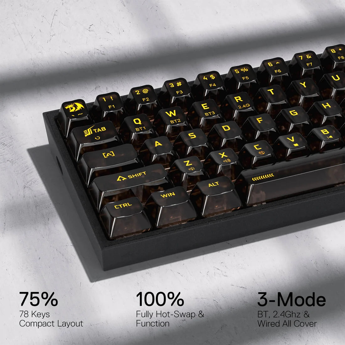 Redragon K628 PRO CTB 75% Transparent Wireless Mechanical Gaming Keyboard Black
