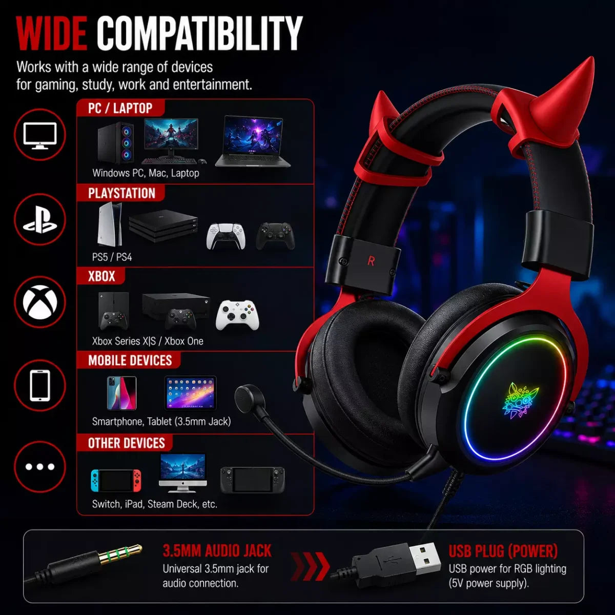 onikuma X10 RGB Wired Gaming Headset Detachable Horns & Mic