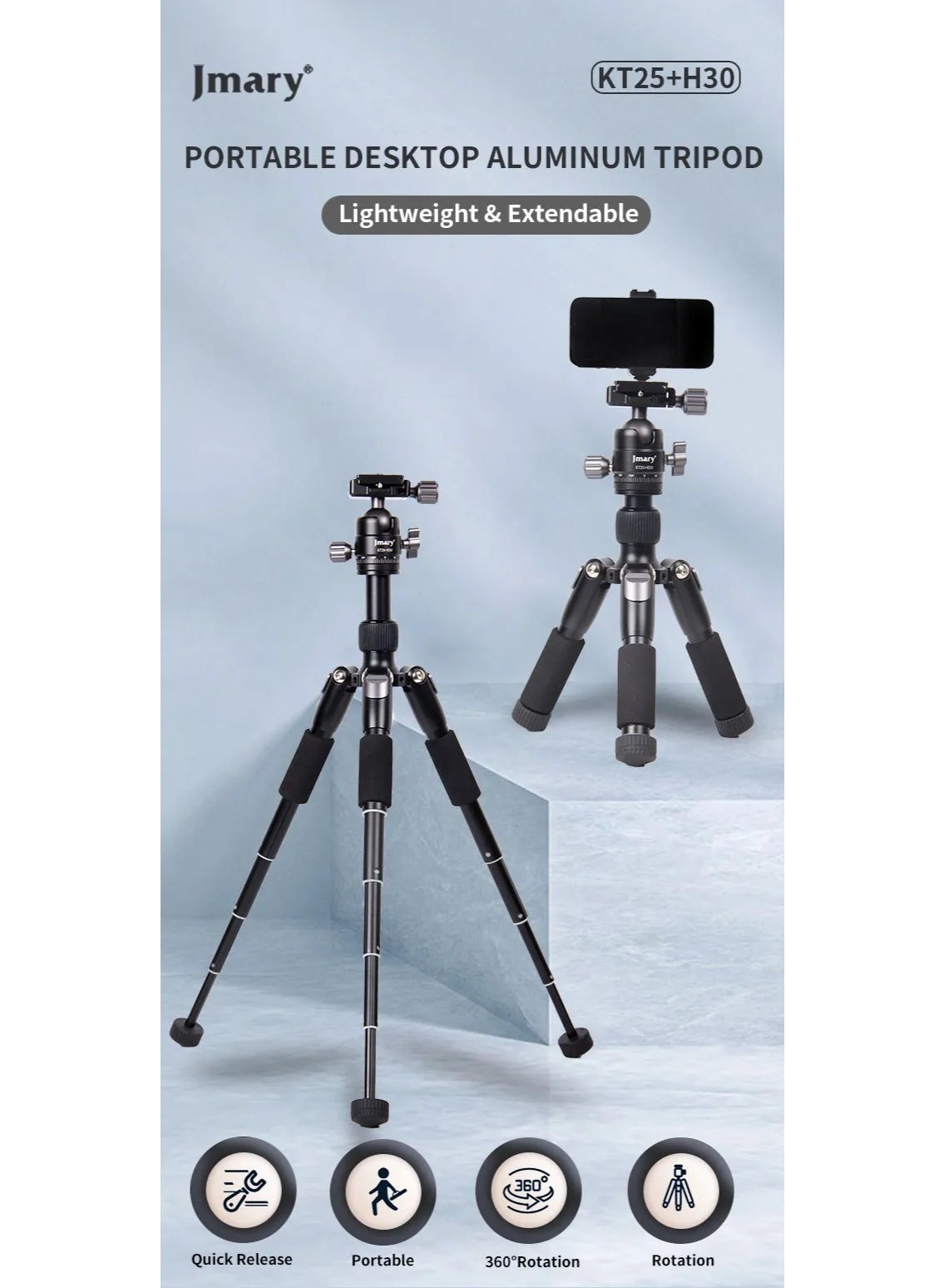 Professional Extendable Aluminum Tripod Stand KT25+H30 with Adjustable 5 Sections, Max Height 51.5cm, Portable & Sturdy