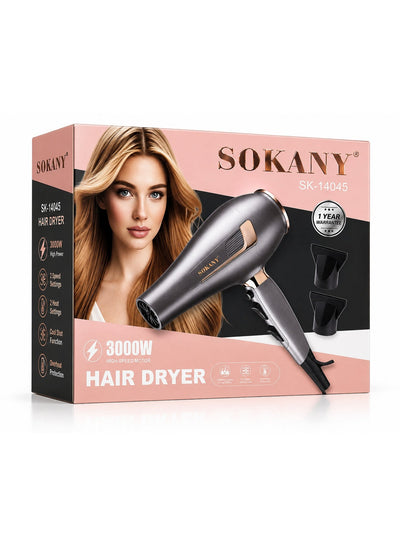 SK-14045 Professional Ionic Hair Dryer 3000W, Overheat Protection & 2 Styling Attachments, Fast Drying, 2 Speeds & 2 Hea