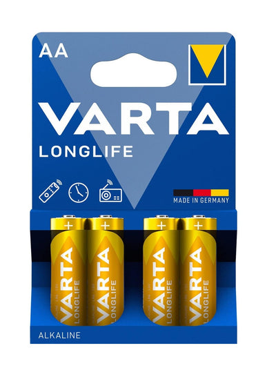 VARTA Long Life Alkaline Batteries AA - 4 Packs, 1.5V, MIGNON ,4106 , STILO ,LR6 , MN1500 with gold color , made in germany